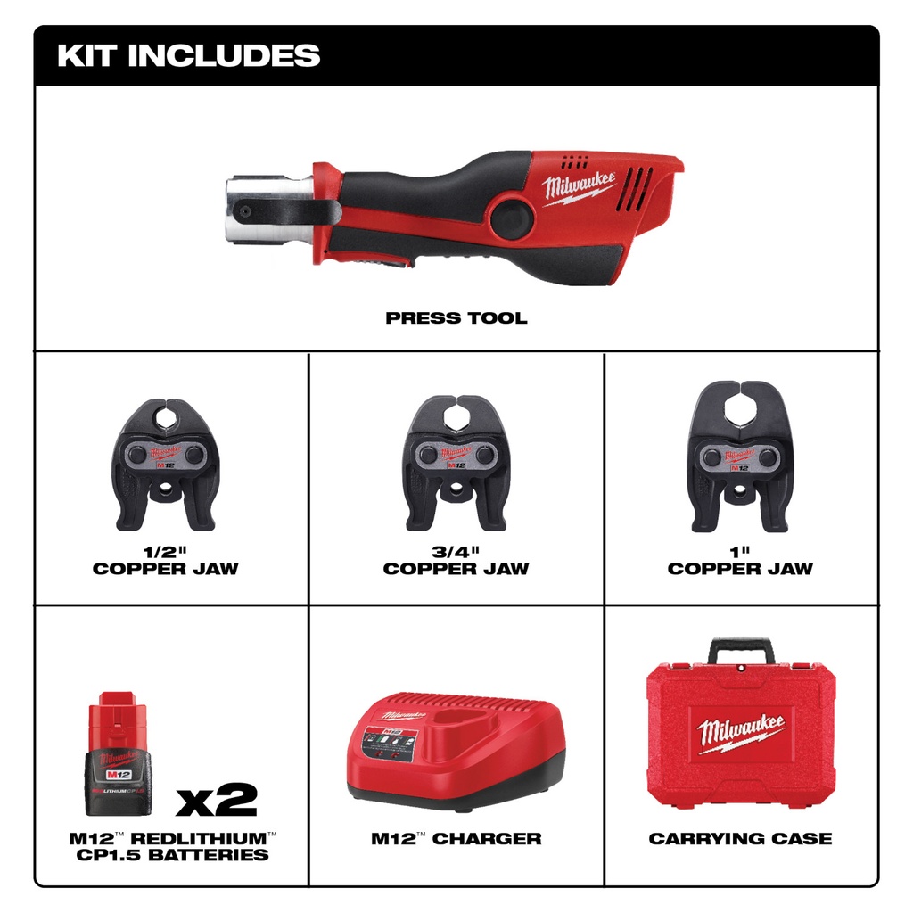 Milwaukee M12 FORCE LOGIC Press Tool Kit with Jaws Includes: 1/2"-1" Jaw Kit, 2 Batteries, Charger and Case
