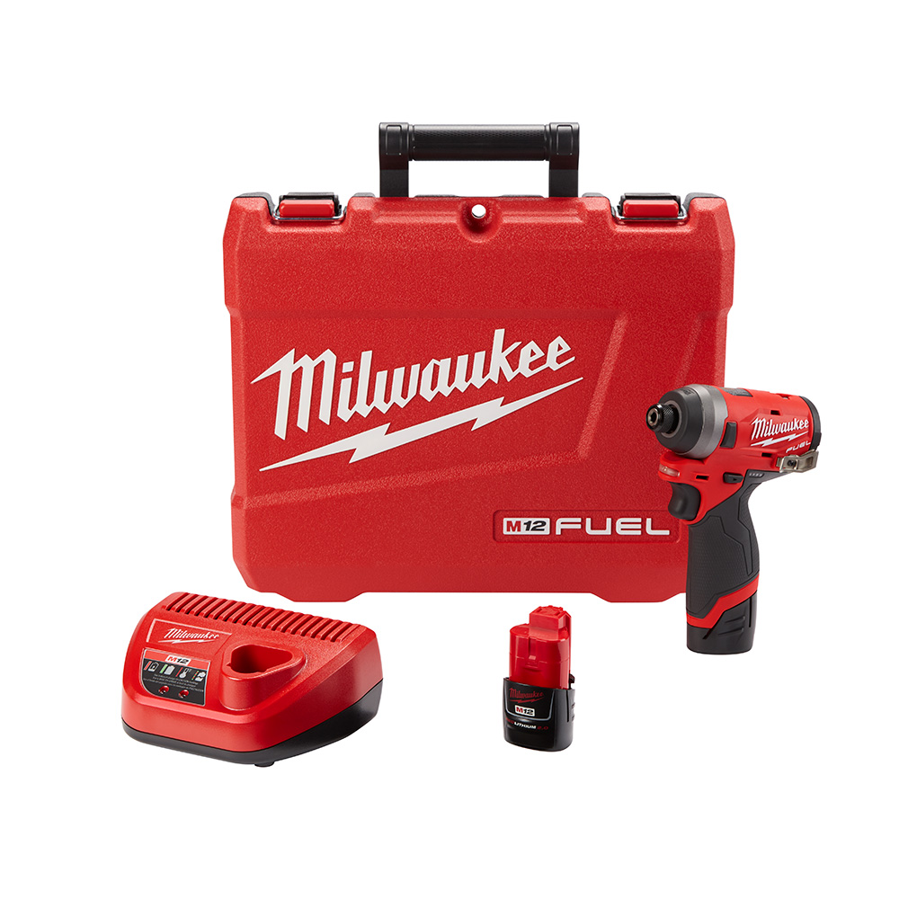 Milwaukee M12 FUEL 1/4" Hex Impact Driver Kit, Includes: 2 Batteries, Charger, Belt Clip and Case.