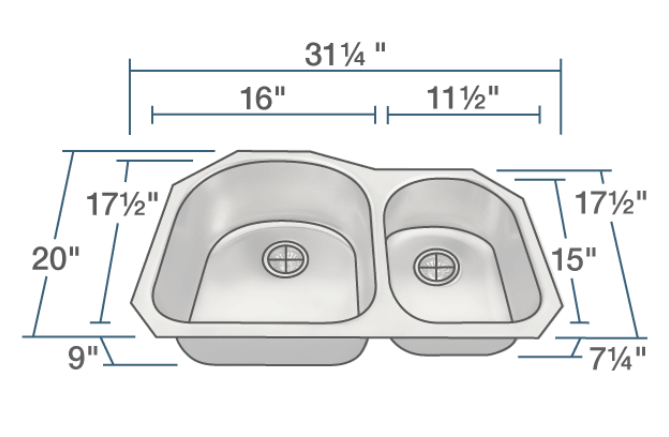 Solera Rounded Unequal Bowl 18ga Made in USA Undermount Stainless Sink. 31x20/17x8" Larger Left Bowl
