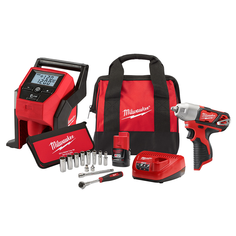 Milwaukee M12 Impact/Inflator Kit Includes Impact Wrench, Compact Inflator, Socket Set, One Battery, Charger and Case