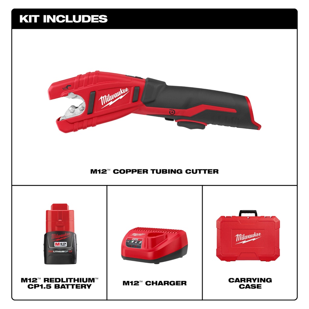 Milwaukee M12 Copper Tubing Cutter Kit, Includes; Battery, Charger and Case