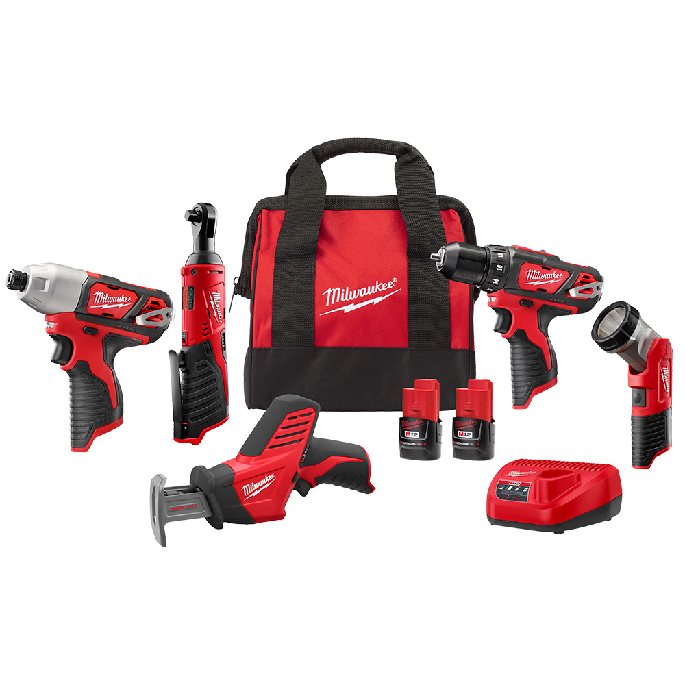 Milwaukee M12 5-Piece Tool Kit: 3/8" Drill/Driver, 3/8" Ratchet, 1/4" Hex Impact Driver, Hackzall, Work Light, Two Batteries, Charger and Bag