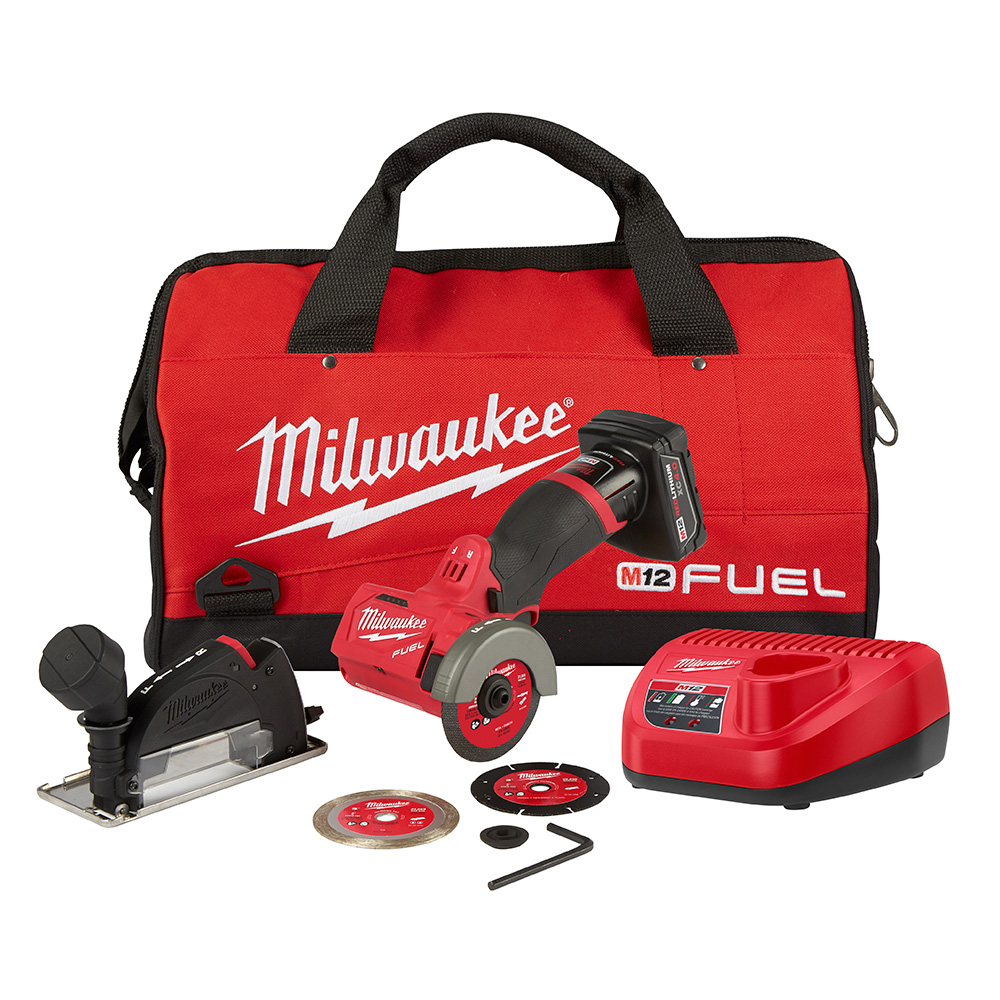 Milwaukee M12 FUEL 3" Compact Cut Off Tool - Kit. Includes: 1 Battery, Charger, Diamond Blade, Carbide Blade, Cutoff Wheel, 7/16" Flange Adapter, Shoe Guard and Contractor Bag