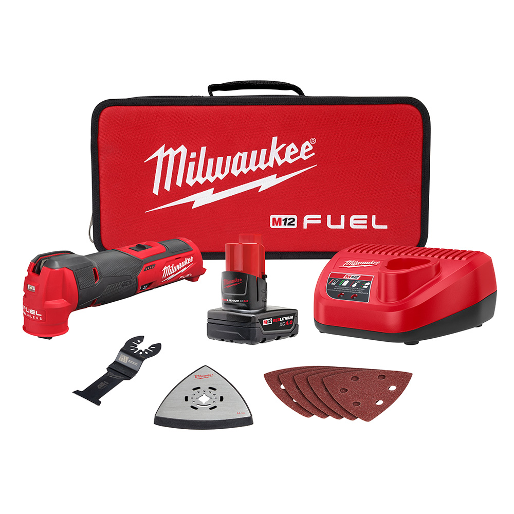 Milwaukee M12 FUEL Oscillating Multi-Tool Kit, Includes: 1 Battery, Charger, Wood Blade, Triangle Sand Paper and a Soft Case.