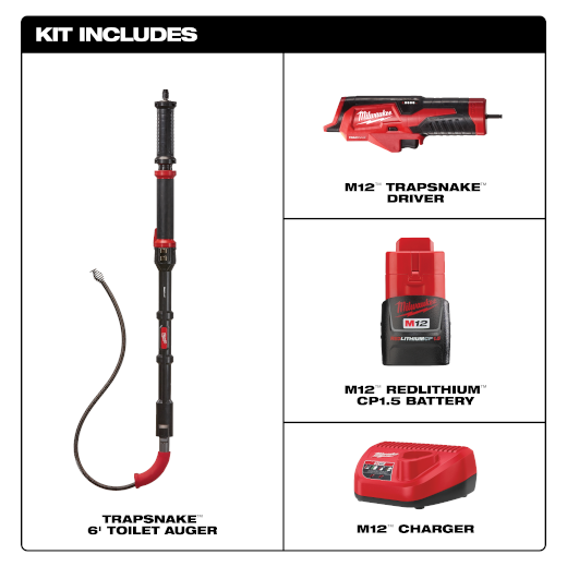 Milwaukee M12 TRAPSNAKE 6' Toilet Auger Kit Includes 1 Battery and Charger