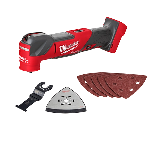 Milwaukee M18 FUEL Oscillating Multi Tool Kit, Includes: 1 Battery, Charger, Wood Blade, 1 ea. 60-240 Grit Triangle Sand paper and Contractor Bag.