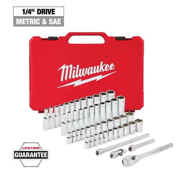 [tm48229004] Milwaukee 1/4" 50 Piece Metric @ SAE Ratchet and Sockets with Four Flat Sides