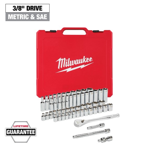 [tm48229008] Milwaukee 3/8" 56 Piece Metric @ SAE Ratchet and Sockets with Four Flat Sides