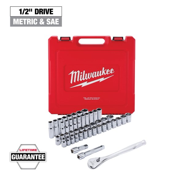 [tm48229010] Milwaukee 1/2" 47 Piece Metric @ SAE Ratchet and Sockets with Four Flat Sides