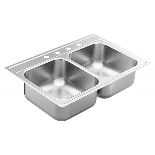 Moen 33x22x8 4H Stainless Steel 18 Gauge Double Bowl Drop In Sink