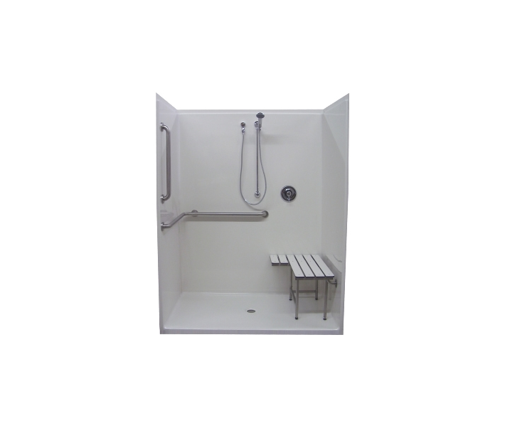 Salo 60" x 38" 1 Piece Shower ADA 60"W x 38"D x 78-1/2"H Unit with Reinforced Walls, L-Shaped Grab Bar, Fold Down Seat and Faucet with Handheld Shower.