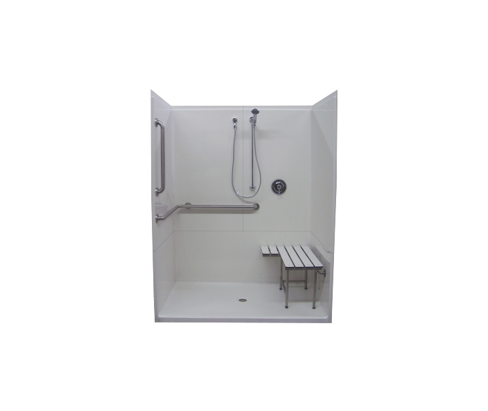 Salo 60" x 38" 3 Piece Shower 60"W x 38"D x 78-1/2"H ADA Unit with Reinforced Walls, L-Shaped Grab Bar, Fold Down Seat and Faucet with Handheld Shower.