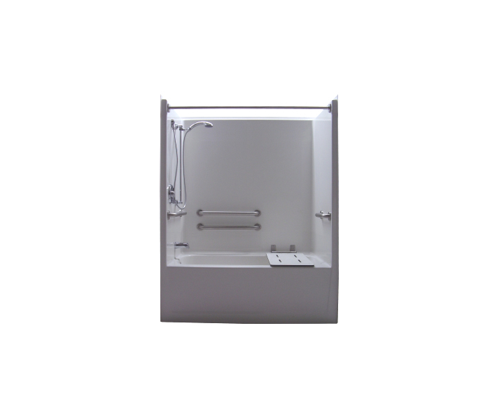 Salo 60" x 34" Tub & Shower ADA 60"W x 34-3/8"D x 77"H Unit with Reinforced Walls, One 12" Grab Bar, Three 24" Grab Bars, Fold Up Seat and Faucet with Handheld Shower.