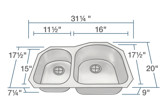 Solera Rounded Unequal Bowl 18ga Made in USA Undermount Stainless Sink. 31x20/17x8" Larger Right Bowl
