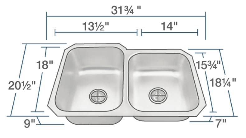 Solera Squared Unequal Bowl 18ga Made in USA Undermount Stainless Sink. 31x20/18x10/8" Larger Left Bowl