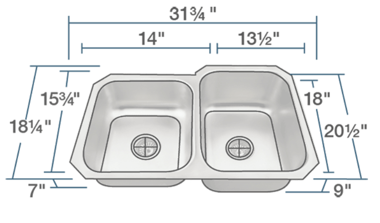 Solera Squared Unequal Bowl 18ga Made in USA Undermount Stainless Sink. 31x20/18x10/8" Larger Right Bowl